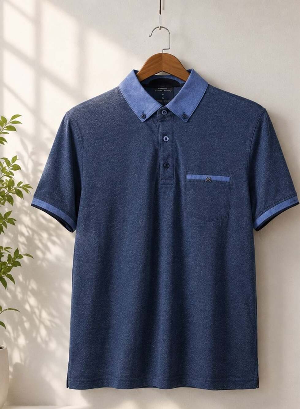 Denim & Flower Navy Heather Polo Shirt with Chest Pocket